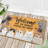 "Welcome - Hope You Brought Bourbon And Catnip" cat personalized doormat