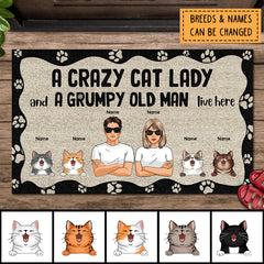 A Crazy Cat Lady And A Grumpy Old Man Live Here, Cat's Paw Print, Personalized Cat Lovers Doormat