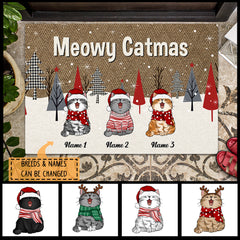 Meowy Catmas, Argyle Pattern Coir Yarn, Personalized Cat Christmas Doormat