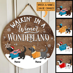 Walkin' In A Wiener Wonderland - Dachshund In Snow - Dark Pale Wooden - Personalized Dog Christmas Door Sign