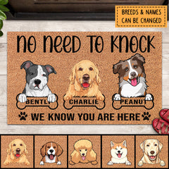 No Need To Knock, We Know You Are Here, Brown Background, Housewarming Gift, Personalized Dog Lovers Doormat