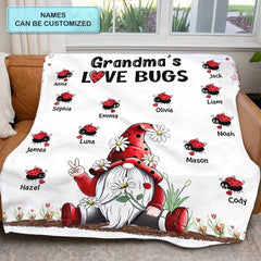 Grandma's Love Bugs Gnome - Personalized Blanket - Gift For Grandma