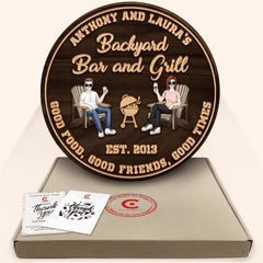 Backyard Bar and Grill | Good Food, Good Friends, Good Time | Custom 2 Layer Wooden Sign | Round Shape