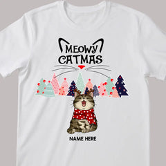 Meowy Catmas - Christmas Cat With Pine Trees - Personalized Cat Christmas T-shirt