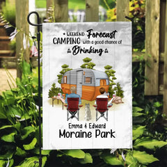 Personalized Garden Flag, Camping Drinking Couple And Dogs - Couple Gift, Gift For Campers And Dog Lovers