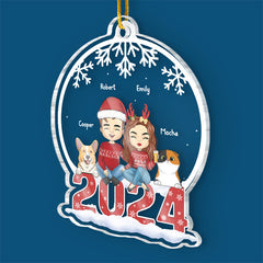 Couple & Pets Merry Christmas - Dog & Cat Personalized Custom Ornament - Acrylic Snow Globe Shaped - Christmas Gift For Pet Owners, Pet Lovers