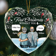 First Christmas Without You Couples Memorial - Personalized Heart Shaped Glass Ornament