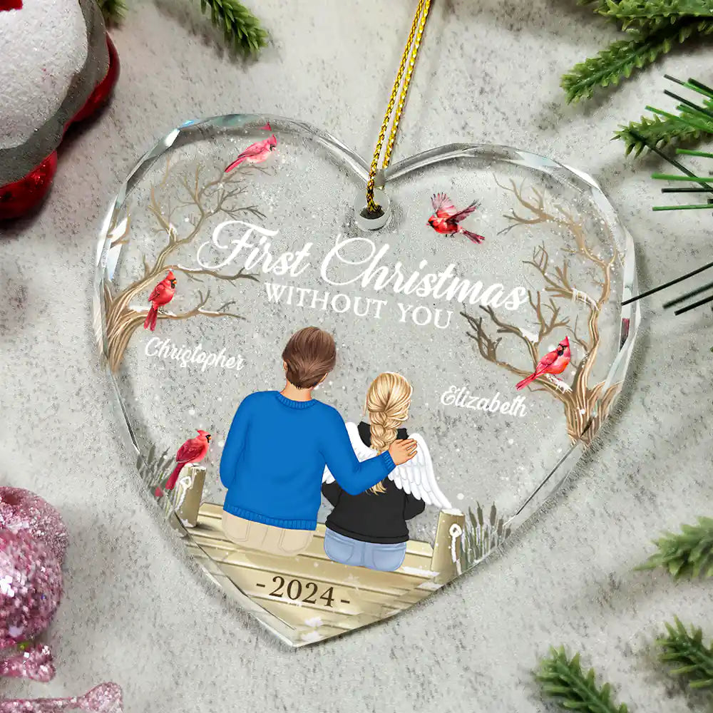 First Christmas Without You Memorial - Personalized Heart Shaped Glass Ornament